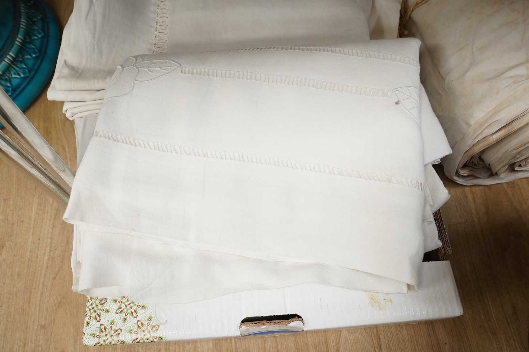 Six French provincial coarse linen monogrammed top sheets